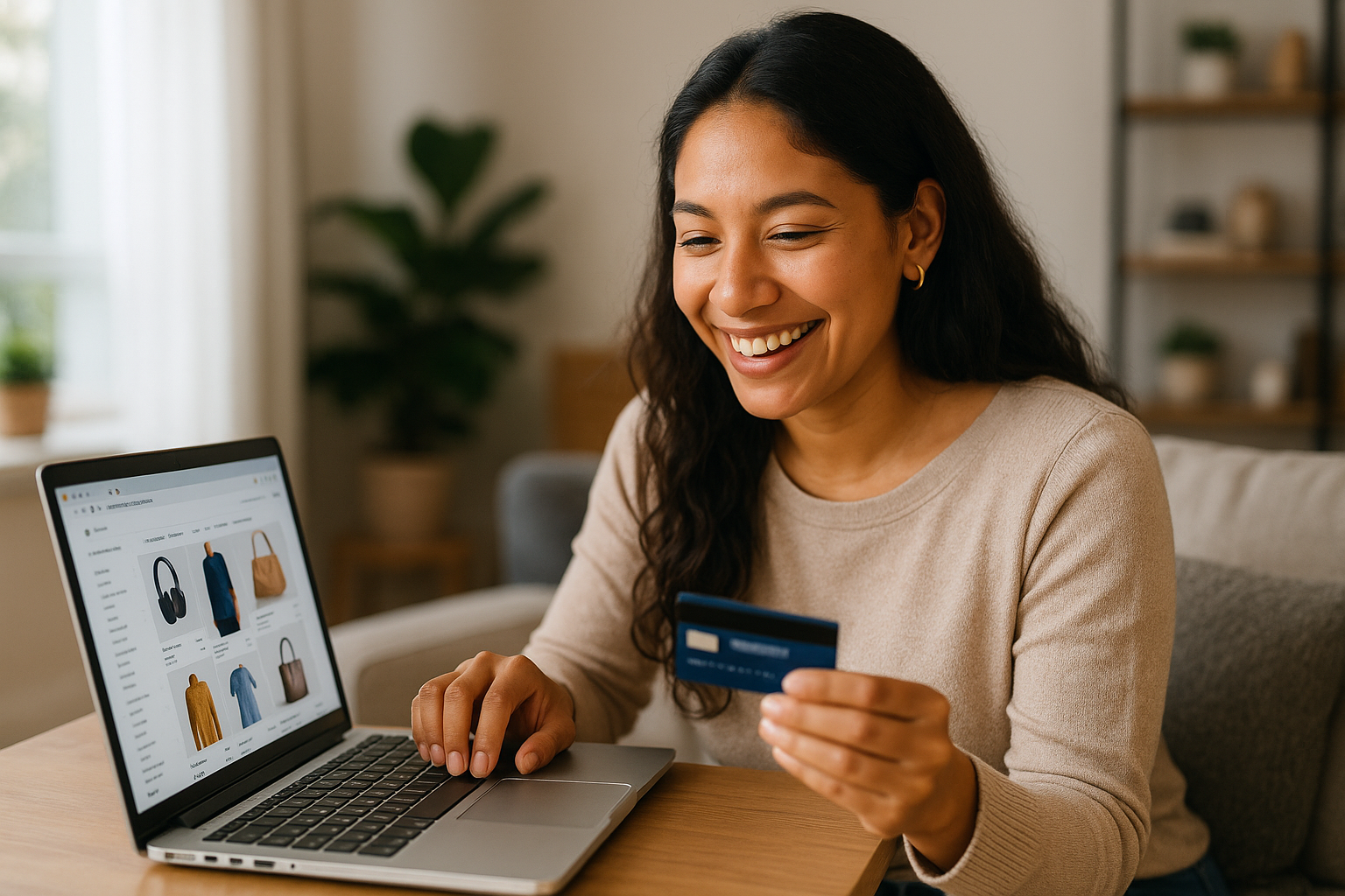 Mujer ecuatoriana feliz comprando en pagina web 